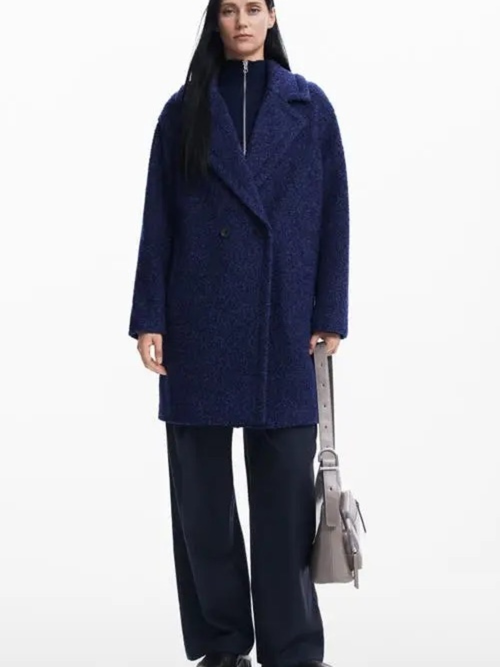 Desigual Dark Navy Bouclé Double-Breasted Pea Coat